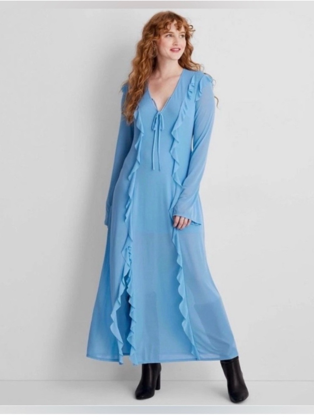 Future Collective Long Sleeve Ruffle Maxi Dress Light Blue Size 2X